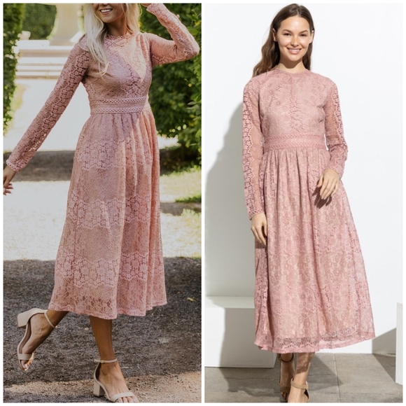 Polagram Dresses & Skirts - FEW LEFT❗️POLAGRAM Dusty Pink Lace Embroidered Long Sleeves Midi Dress